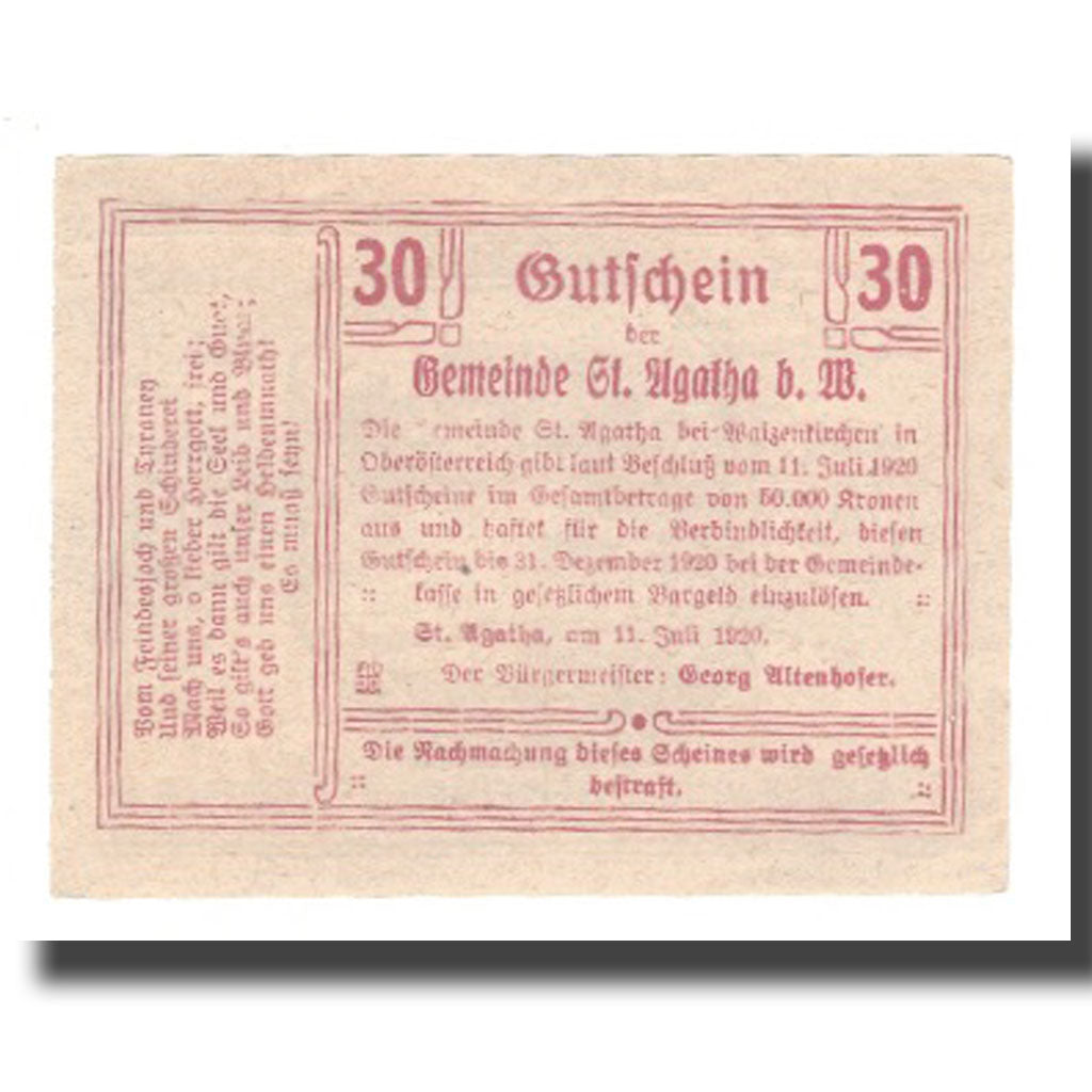 Banknot, Austria, St. Agatha Bei Weizenkirchen O.Ö. Gemeinde, 30 Heller, texte