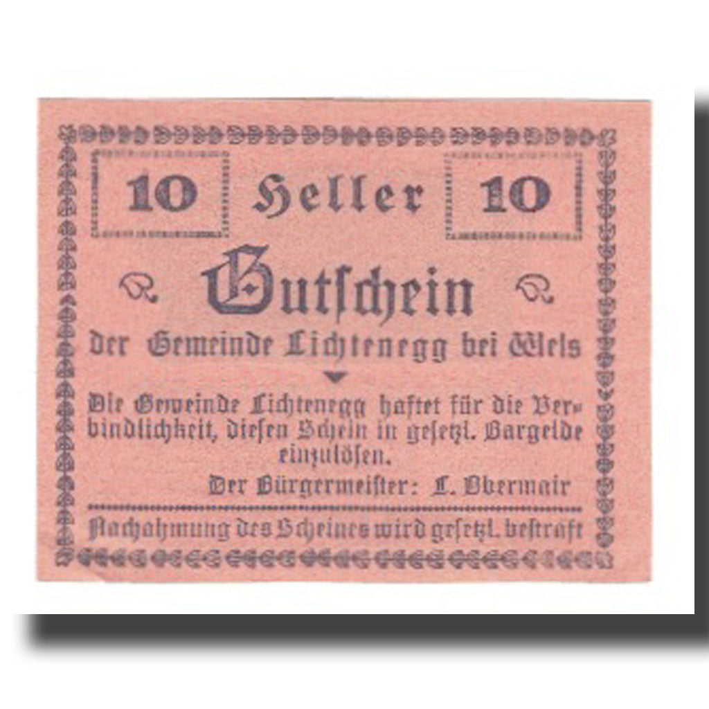 Banknot, Austria, Lichtenegg O.Ö. Gemeinde, 10 Heller, Texte, 1920, 1920-05-08