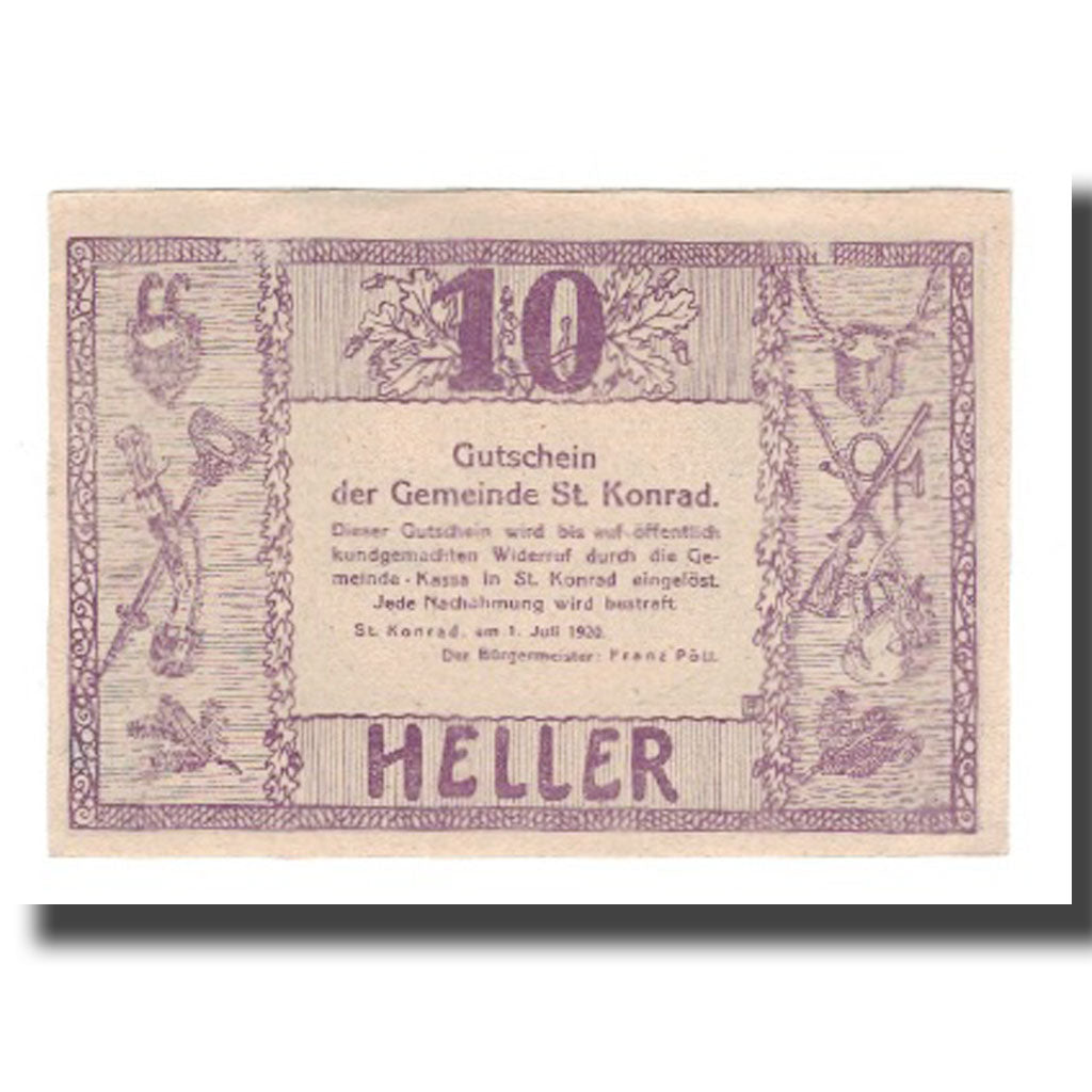 Biljet, Oostenrijk, St. Konrad O.Ö. Gemeinde, 10 Heller, Texte, SUP, Mehl:FS