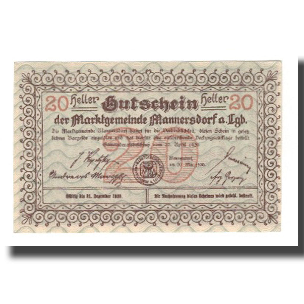 Banknote, Austria, Mannersdorf N.Ö. Marktgemeinde, 20 Heller, ruine, 1920