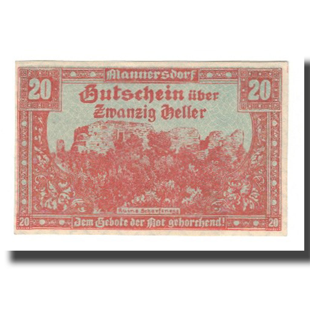 Banknote, Austria, Mannersdorf N.Ö. Marktgemeinde, 20 Heller, ruine, 1920