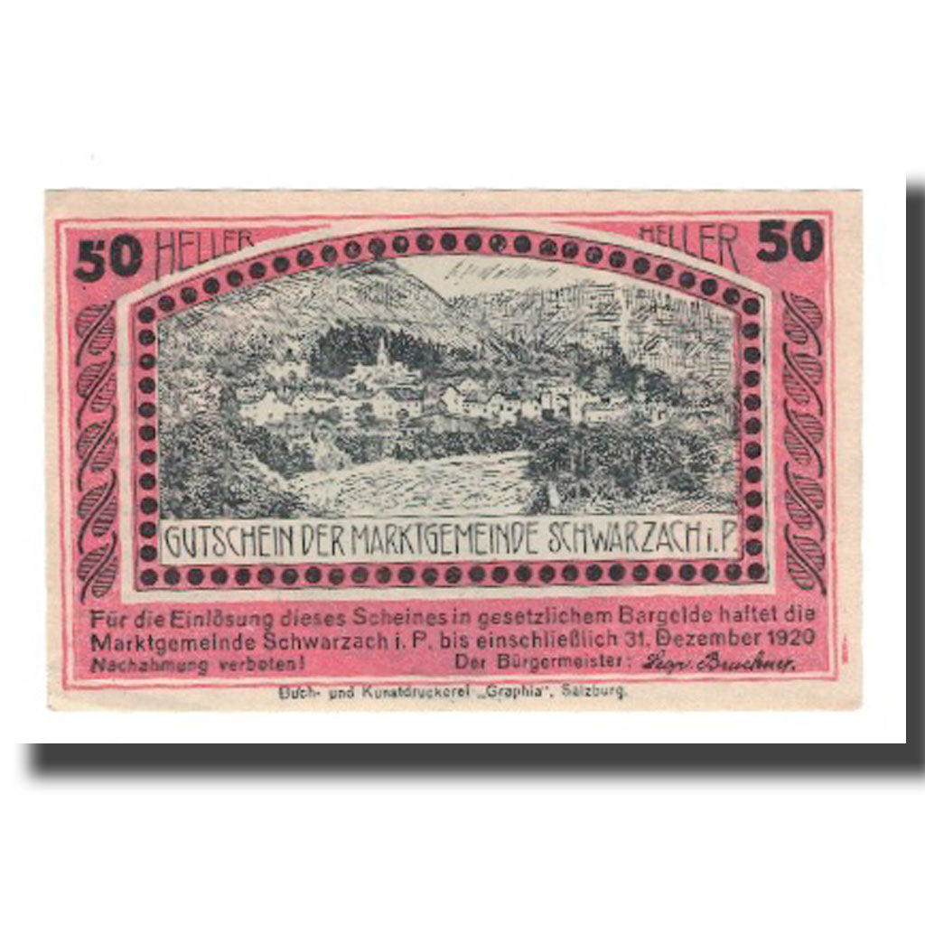 Banknote, Austria, Schwarzach im Pongau Sbg. Marktgemeinde, 50 Heller, paysage