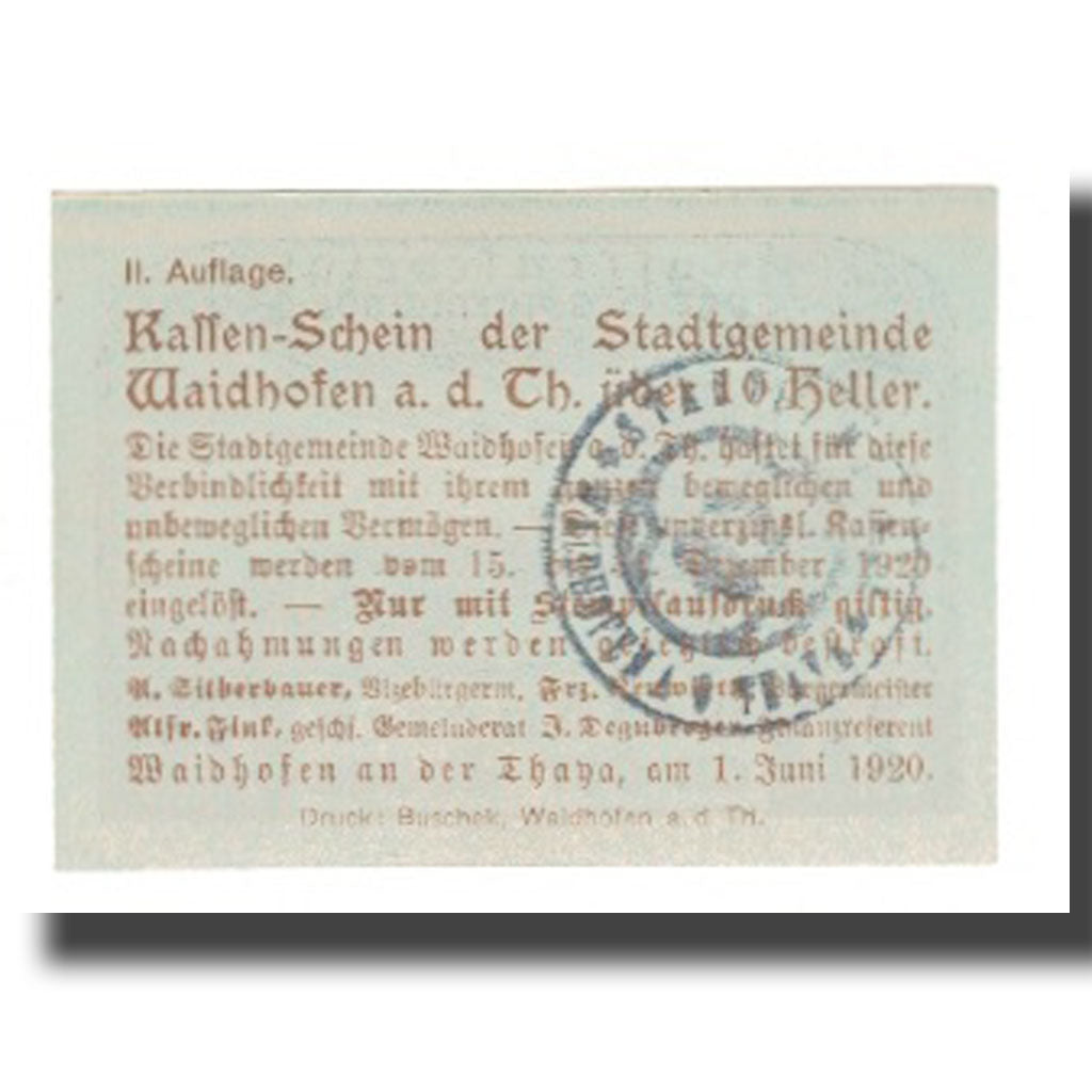 Banknote, Austria, Waidhofen An Der Thaya N.Ö. Stadtgemeinde, 10 Heller, Texte