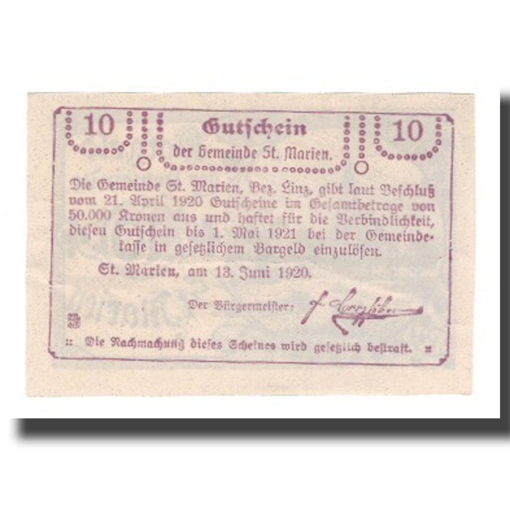 Banknote, Austria, St. Marien O.Ö. Gemeinde, 10 Heller, Texte, 1921