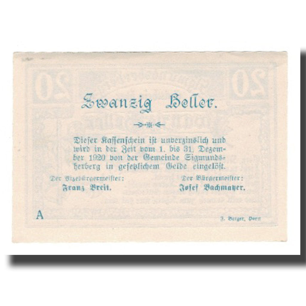 Billet, Autriche, Sigmundsherberg N.Ö. Gemeinde, 20 Heller, Texte, 1920