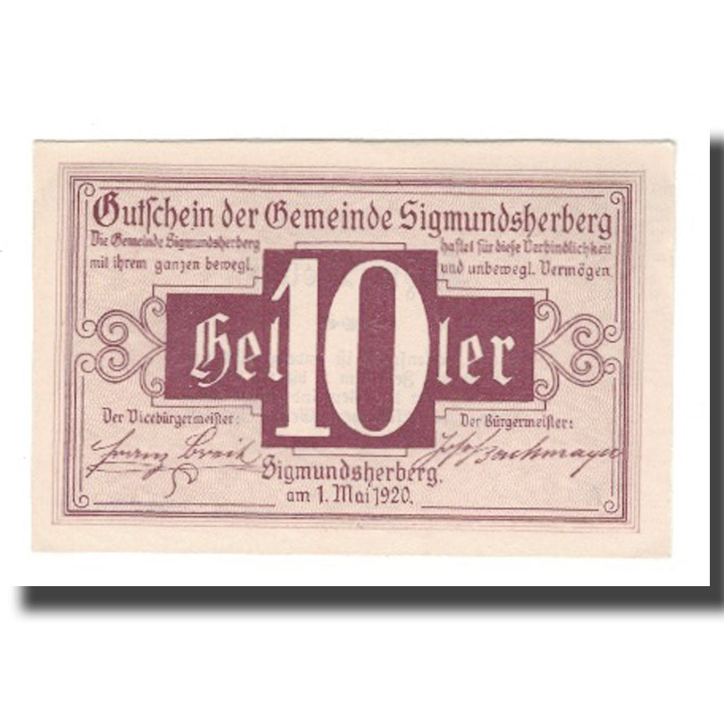 Billet, Autriche, Sigmundsherberg N.Ö. Gemeinde, 10 Heller, Texte, 1920