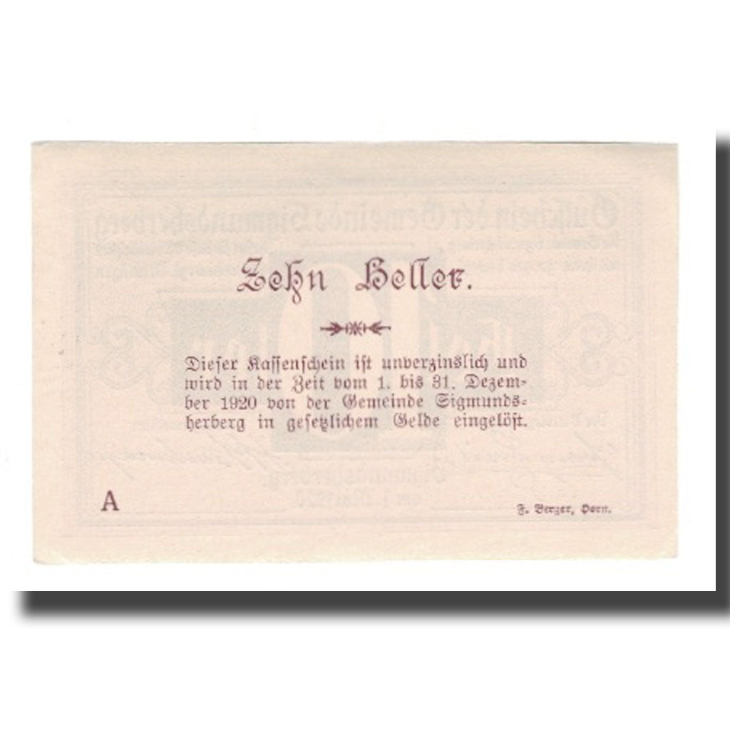 Billet, Autriche, Sigmundsherberg N.Ö. Gemeinde, 10 Heller, Texte, 1920