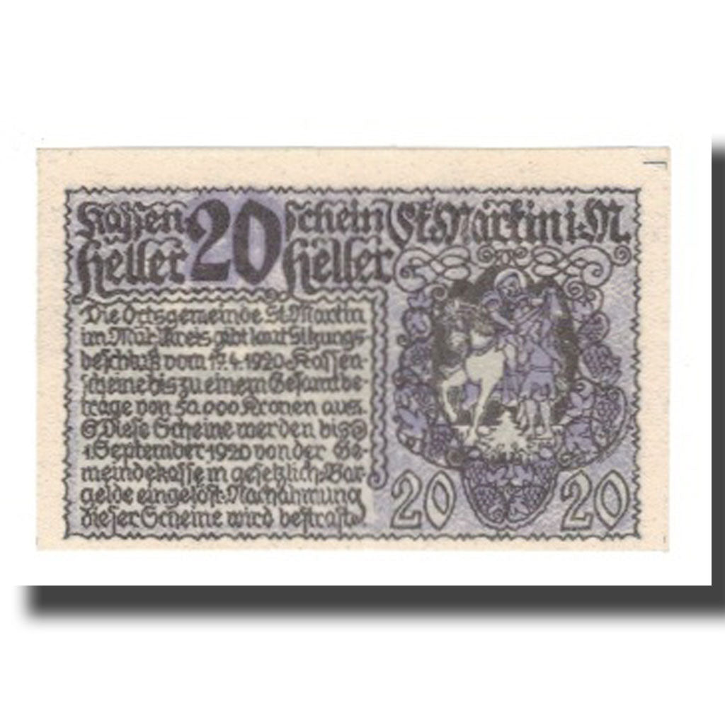 Geldschein, Österreich, St. Martin im Mühlkreis O.Ö. Gemeinde, 20 Heller