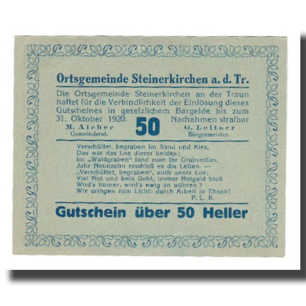 Banknote, Austria, Steinerkirchen An Der Traun Ortsgemeinde, 50 Heller, Texte