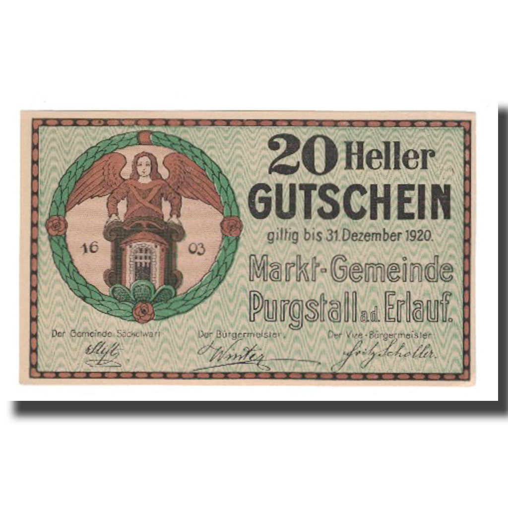 Billet, Autriche, Purgstall N.Ö. Marktgemeinde, 20 Heller, Batiment, 1920