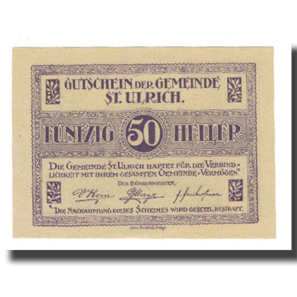 Billet, Autriche, St. Ulrich O.Ö. Gemeinde, 50 Heller, paysage, 1920