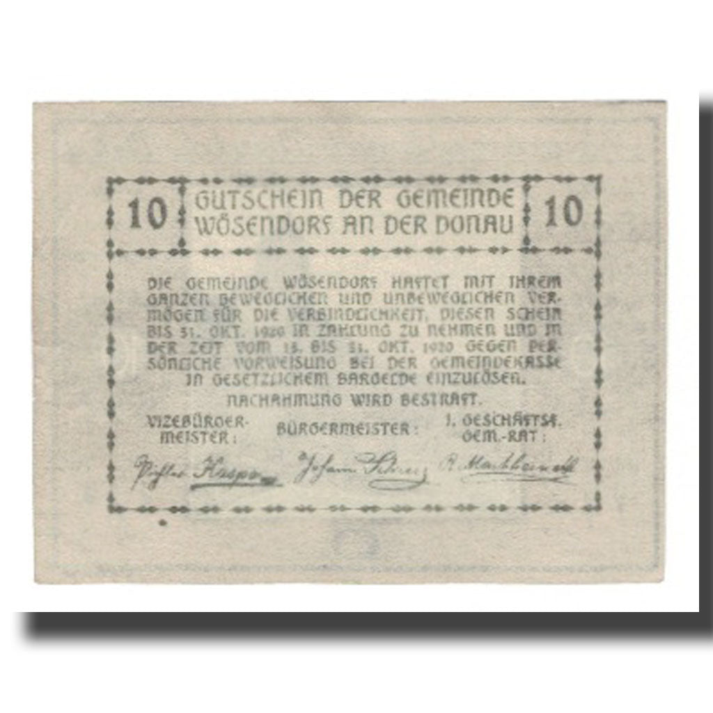 Banknote, Austria, Wösendorf N.Ö. Gemeinde, 10 Heller, Texte, 1920