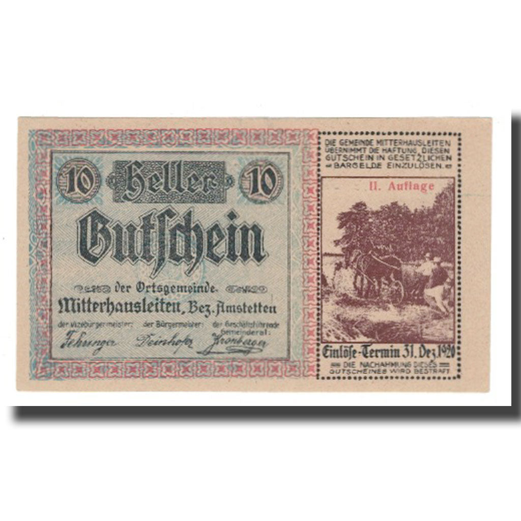 Banknote, Austria, Mitterhausleiten N.Ö. Ortsgemeinde, 10 Heller, N.D, 1920