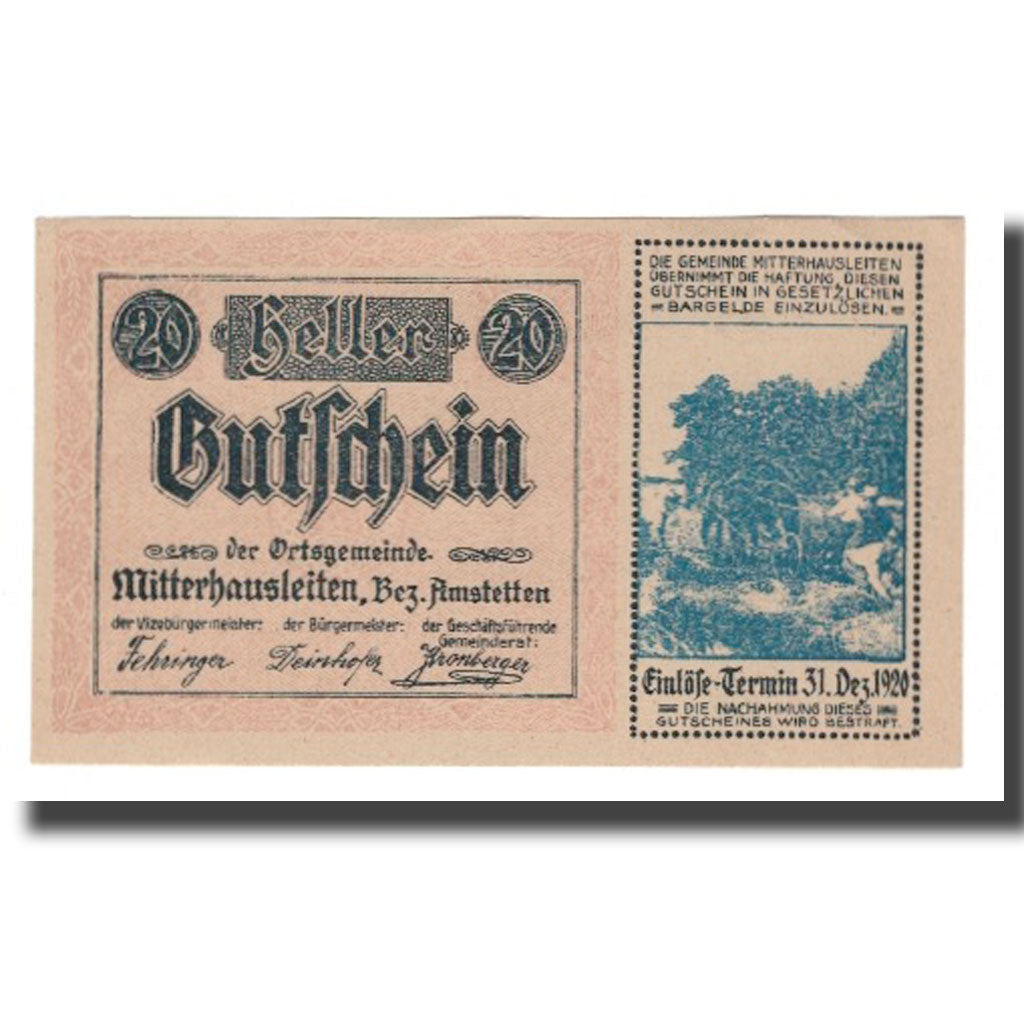 Banknote, Austria, Mitterhausleiten N.Ö. Ortsgemeinde, 20 Heller, N.D, 1920