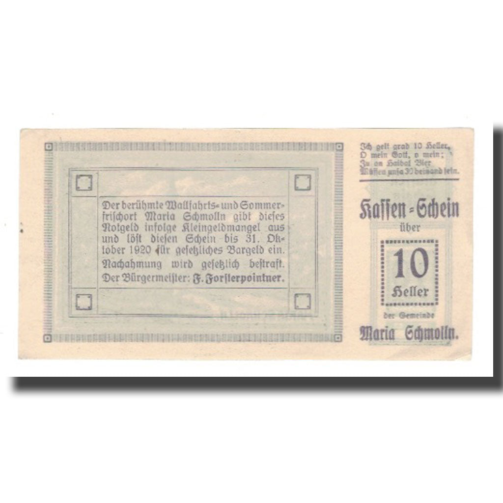 Banknote, Austria, Maria Schmolln O.Ö. Gemeinde, 10 Heller, Texte, 1920