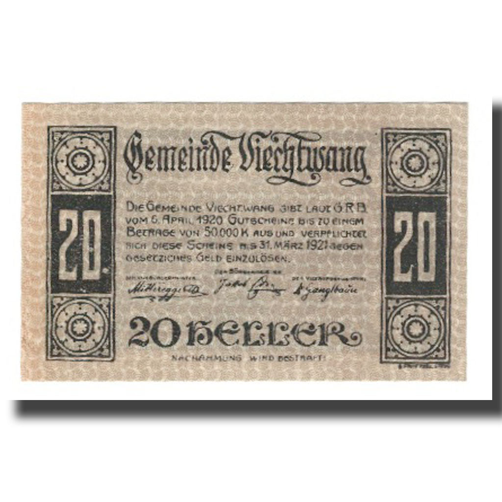 Banknote, Austria, Viechtwang O.Ö. Gemeinde, 20 Heller, paysage, 1921