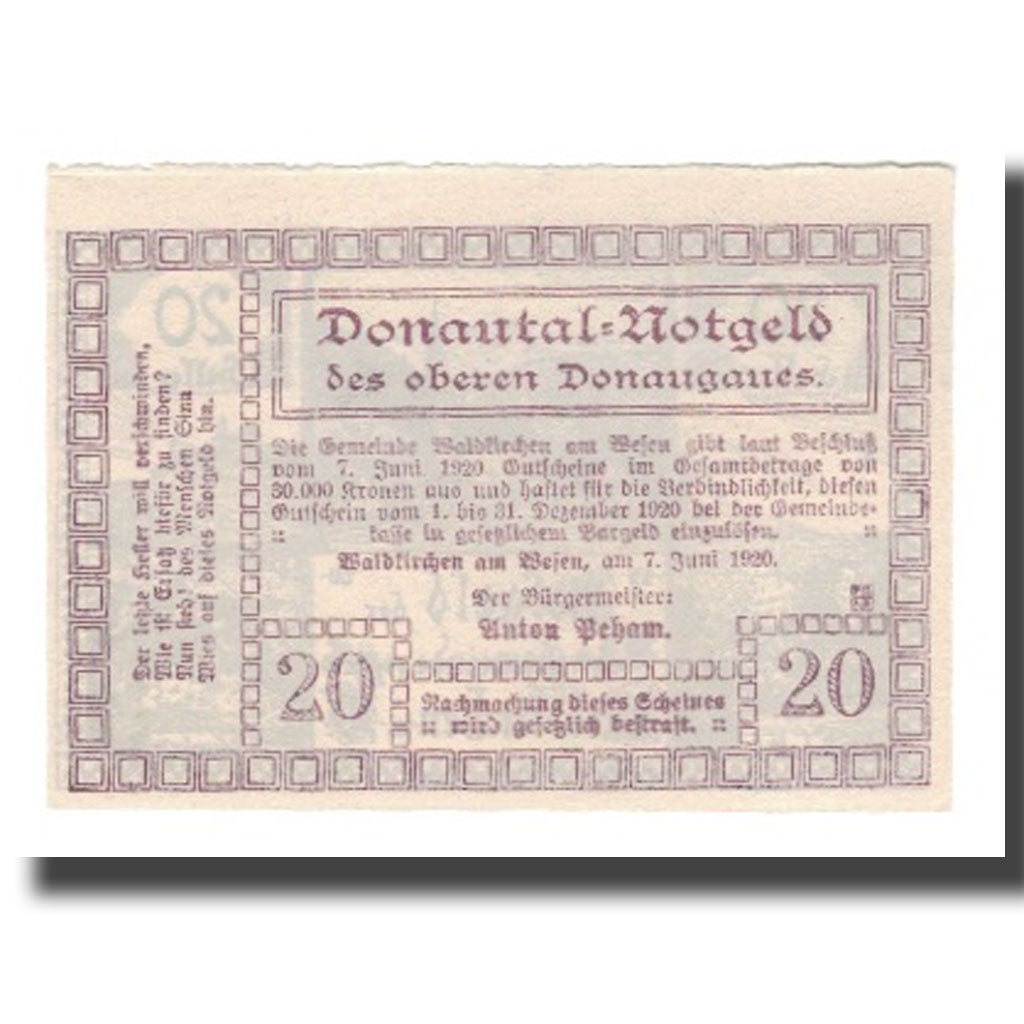 Banknote, Austria, Waldkirchen Am Wesen O.Ö. Gemeinde, 20 Heller, Texte, 1920