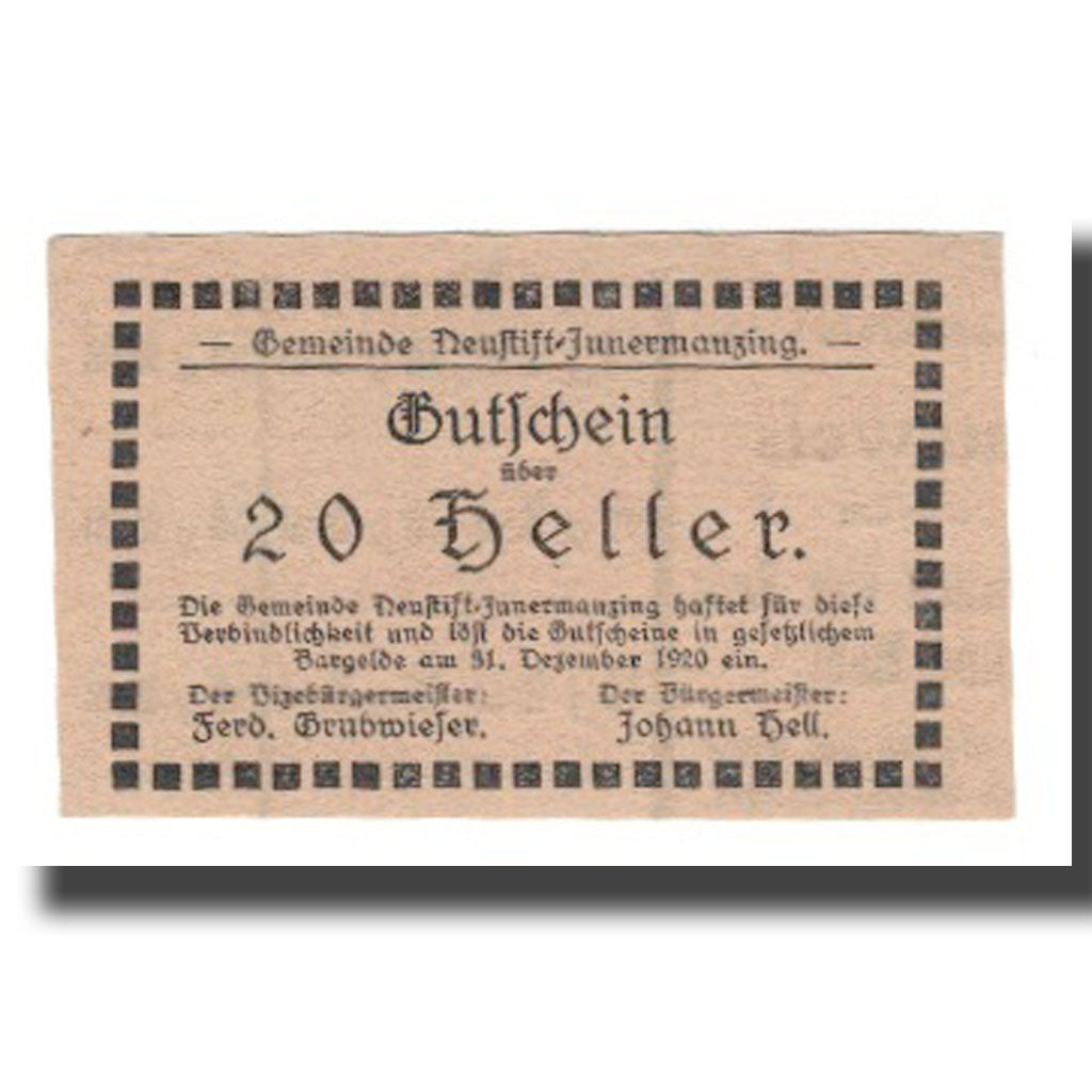 Banknote, Austria, Neustift-Innermanzing N.Ö. Gemeinde, 20 Heller, N.D, 1920