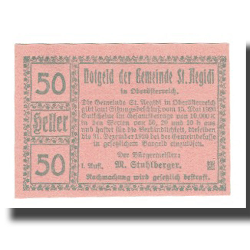 Billete, Austria, St. Aegidi O.Ö. Gemeinde, 50 Heller, N.D, 1920, 1920-12-31