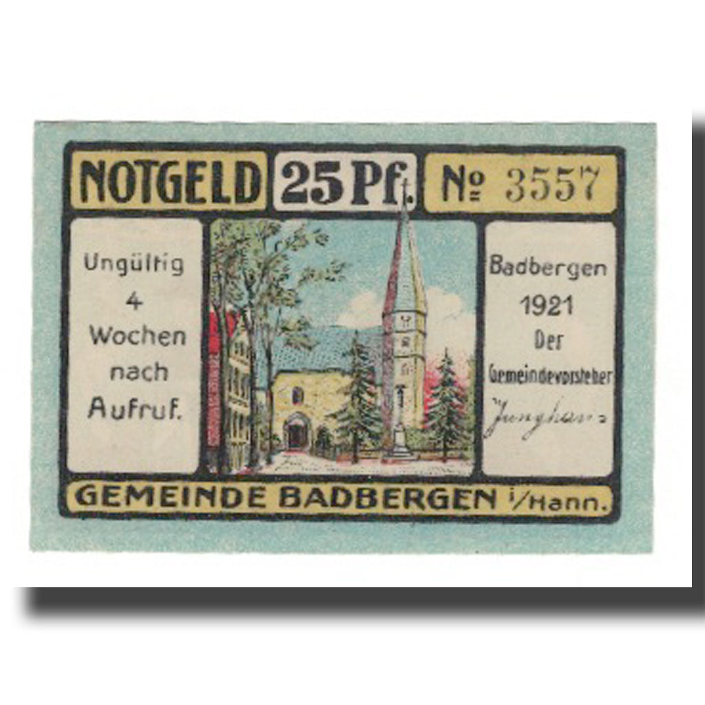 Billet, Allemagne, Badbergen, 25 Pfennig, personnage 1, 1921, SUP, Mehl:58.1