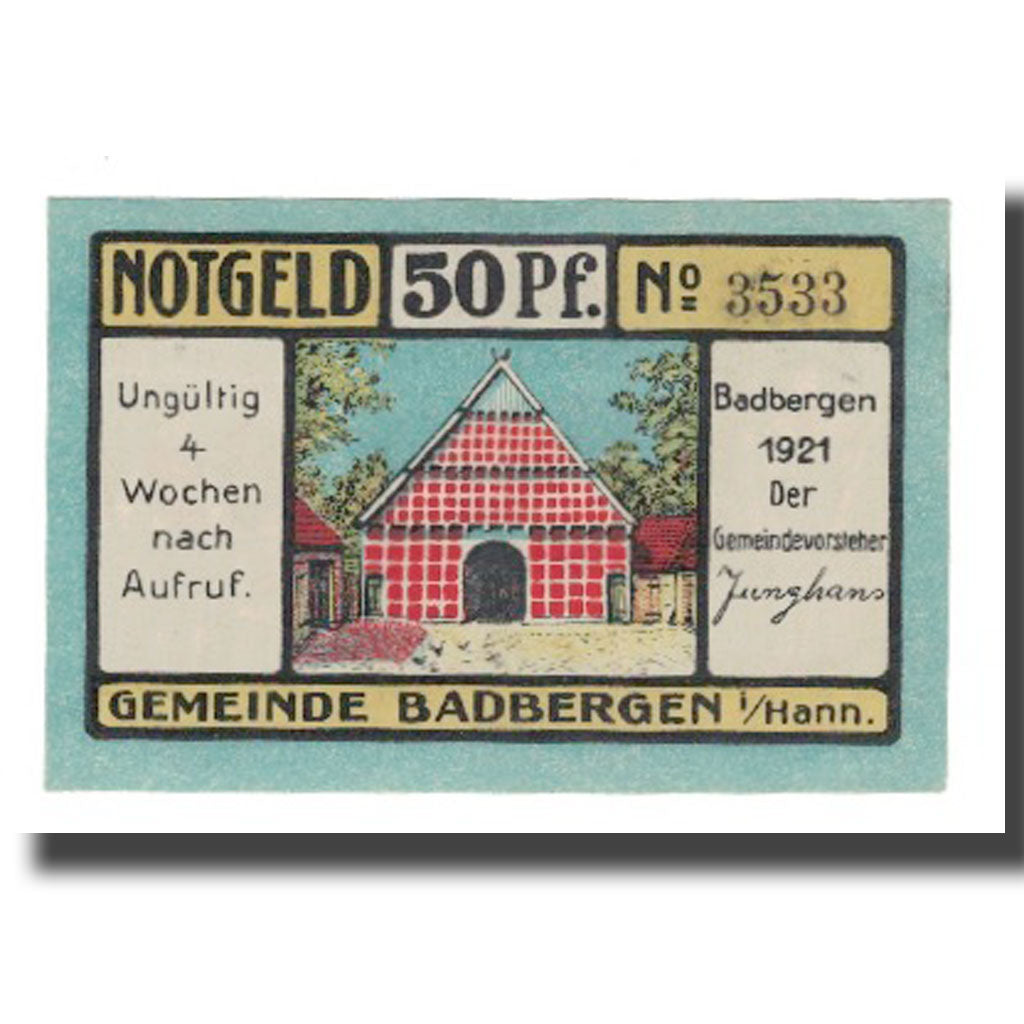 Banknot, Niemcy, Badbergen, 50 Pfennig, personnage, 1921, AU(55-58), Mehl:58.1