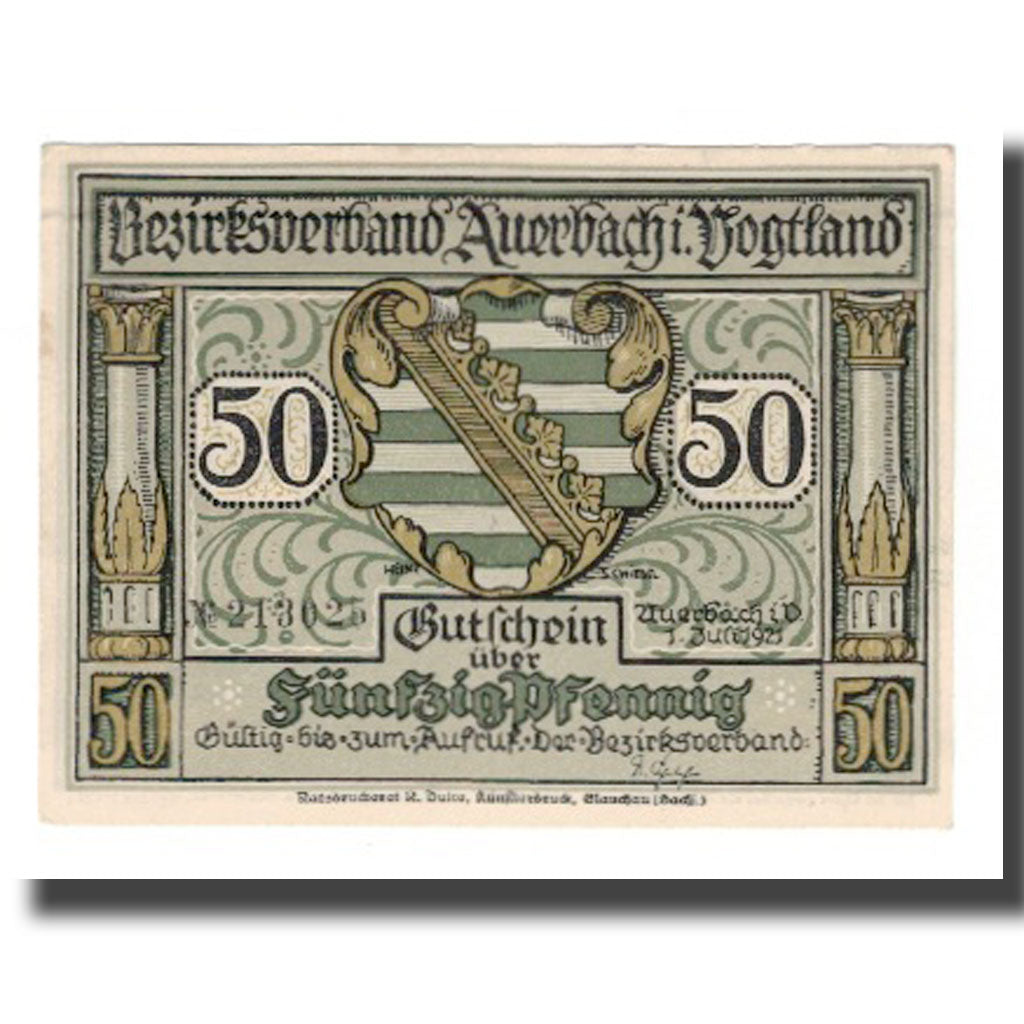 Banknote, Germany, Auerbach Amtshauptmannschaft, 50 Pfennig, personnage, 1921