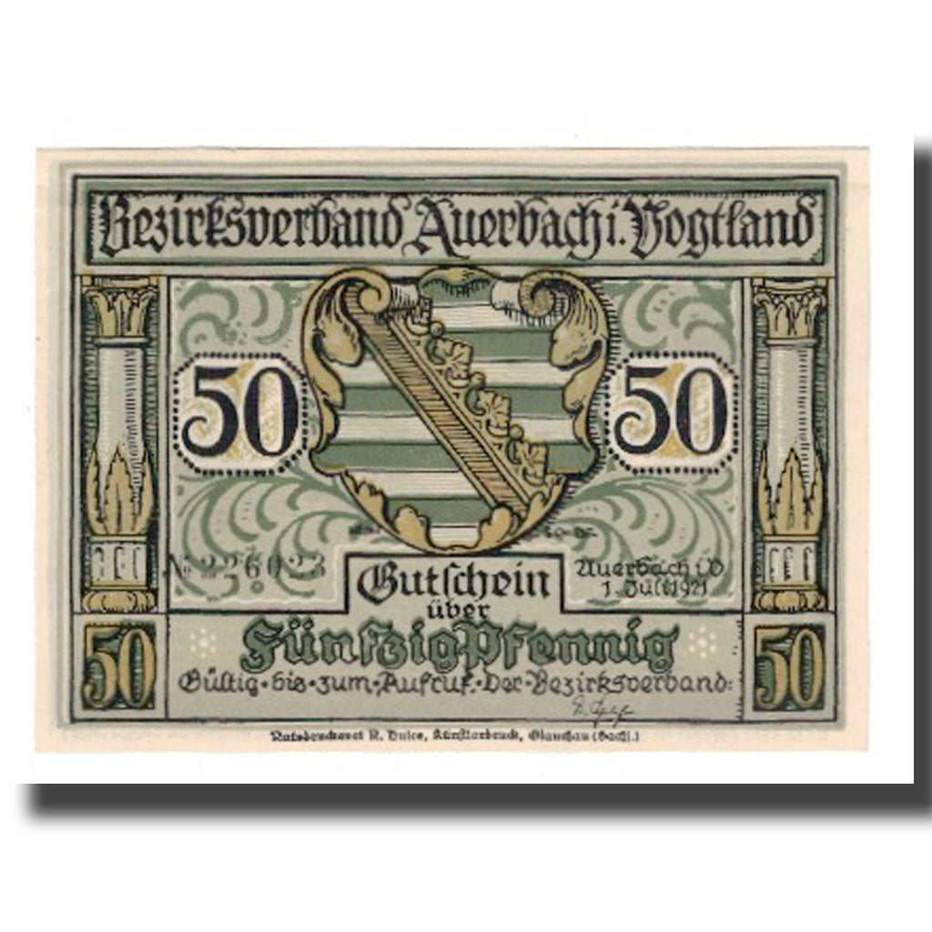 Banknote, Germany, Auerbach Amtshauptmannschaft, 50 Pfennig, personnage 1, 1921