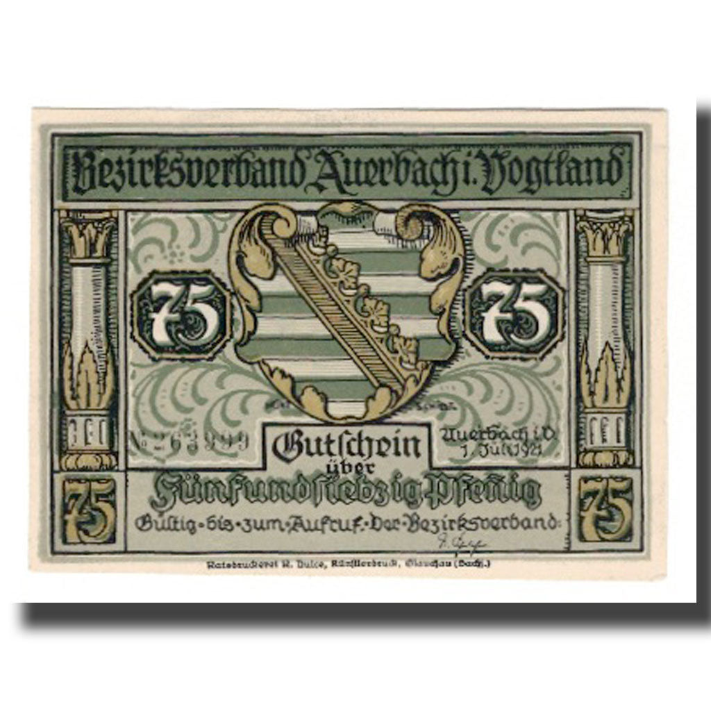 Banknote, Germany, Auerbach Amtshauptmannschaft, 75 Pfennig, personnage, 1921