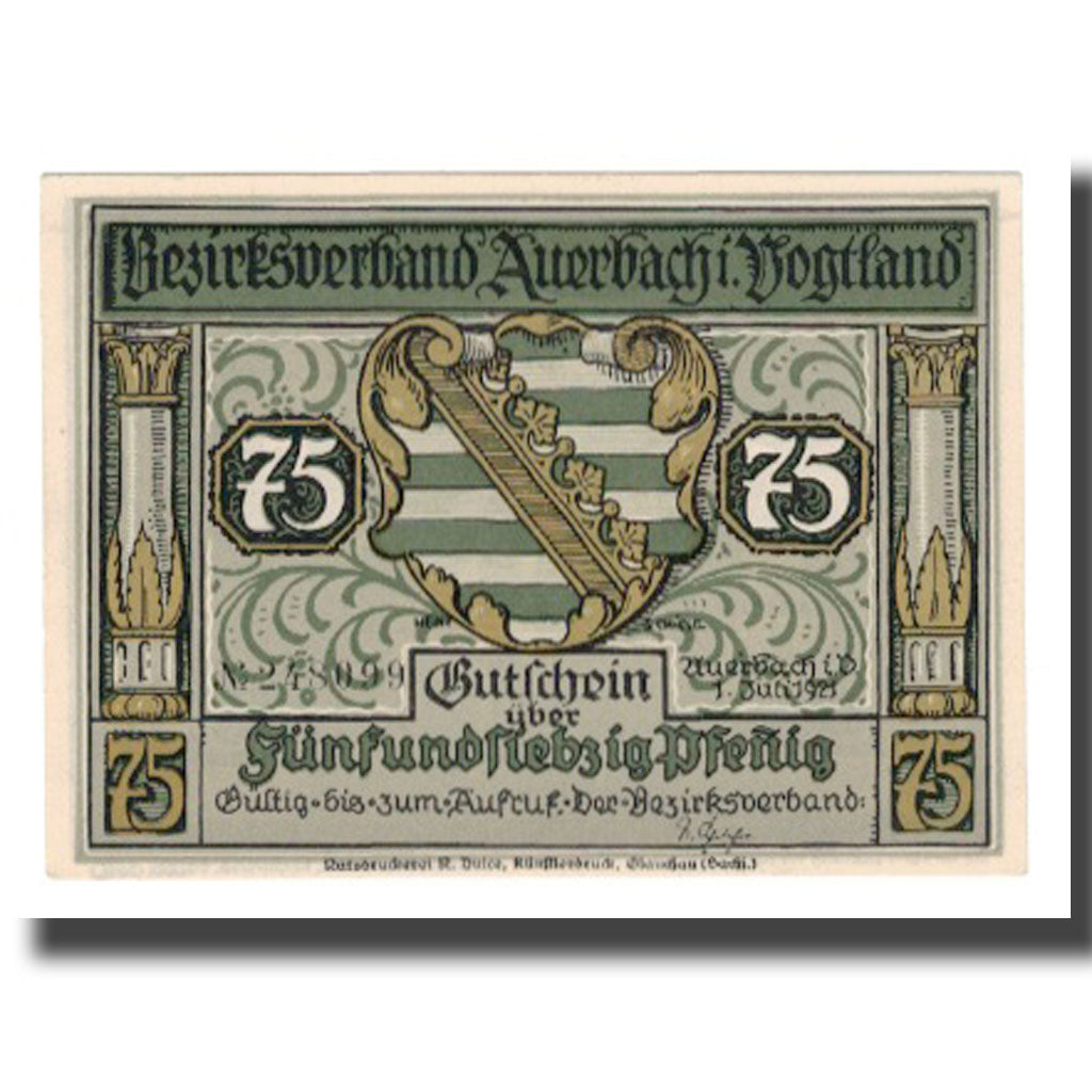 Banknote, Germany, Auerbach Amtshauptmannschaft, 75 Pfennig, personnage 1, 1921