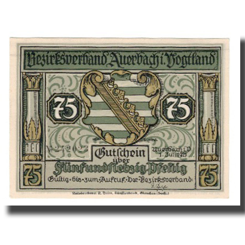 Banknote, Germany, Auerbach Amtshauptmannschaft, 75 Pfennig, personnage 2, 1921