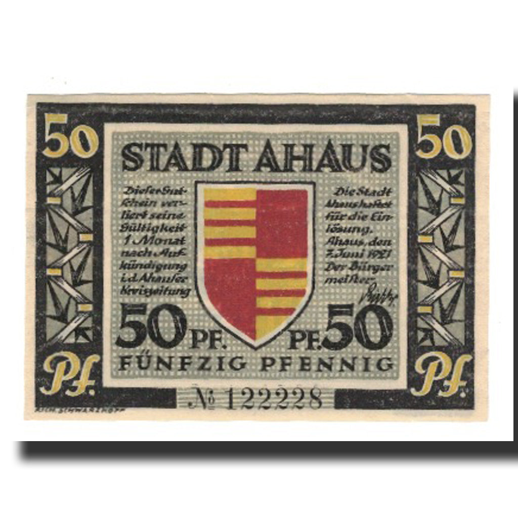 Billet, Allemagne, Ahaus Stadt, 50 Pfennig, Batiment, 1921, 1921-06-07, SUP