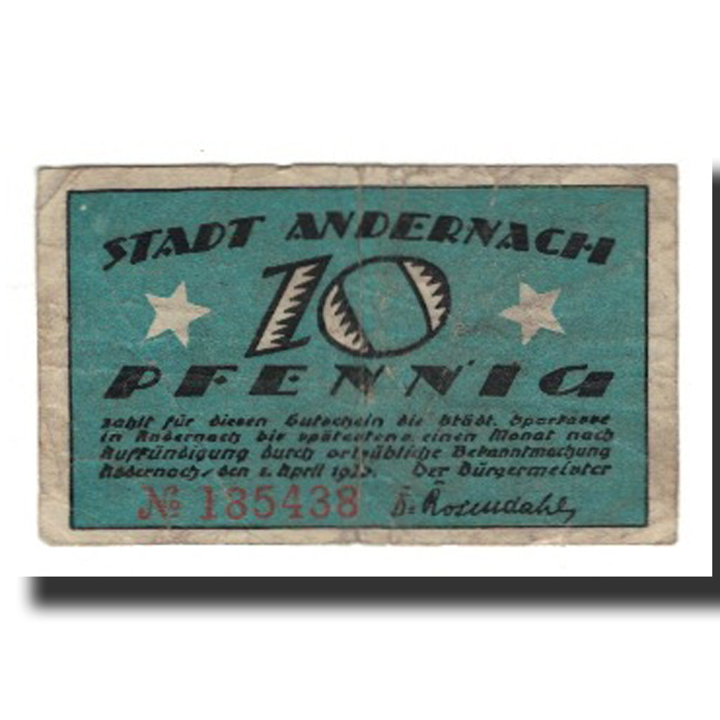 Billet, Allemagne, Andernach Stadt, 10 Pfennig, personnage, 1920, 1920-04-01