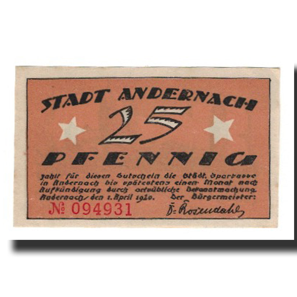 Banknote, Germany, Andernach Stadt, 25 Pfennig, paysage, 1920, 1920-04-01
