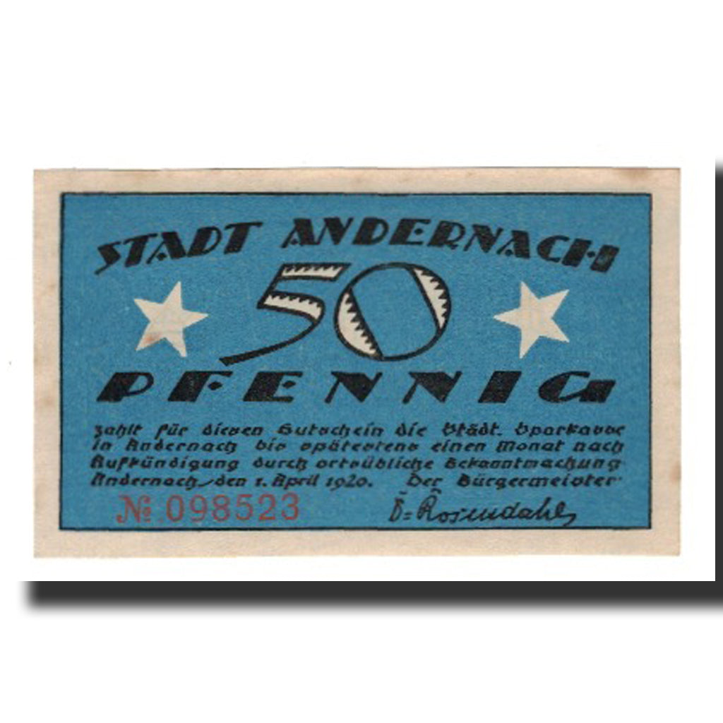 Banknote, Germany, Andernach Stadt, 50 Pfennig, valeur faciale, 1920