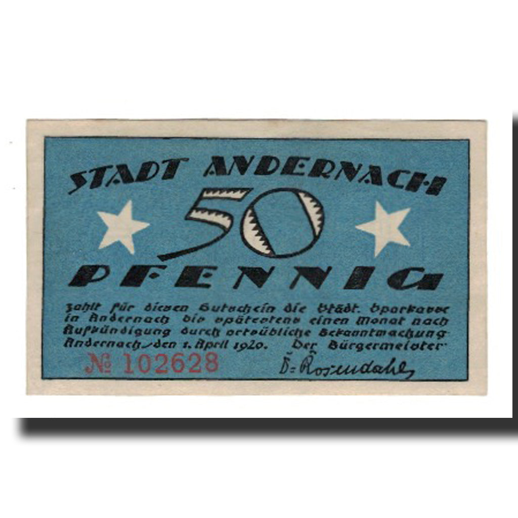 Banknote, Germany, Andernach Stadt, 50 Pfennig, valeur faciale 1, 1920