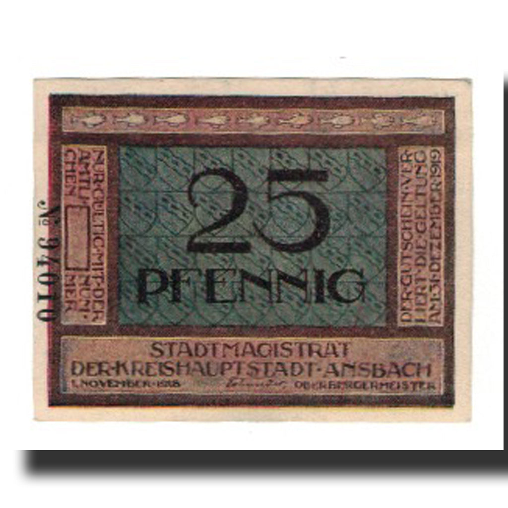 Banknote, Germany, Ansbach Stadt, 25 Pfennig, cavalier, 1919, 1919-12-31