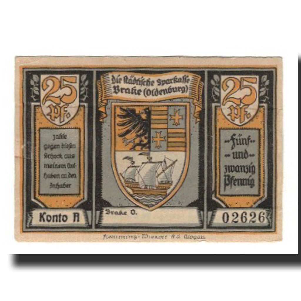 Billet, Allemagne, Brake Stadtische Sparkasse, 25 Pfennig, personnage, Undated