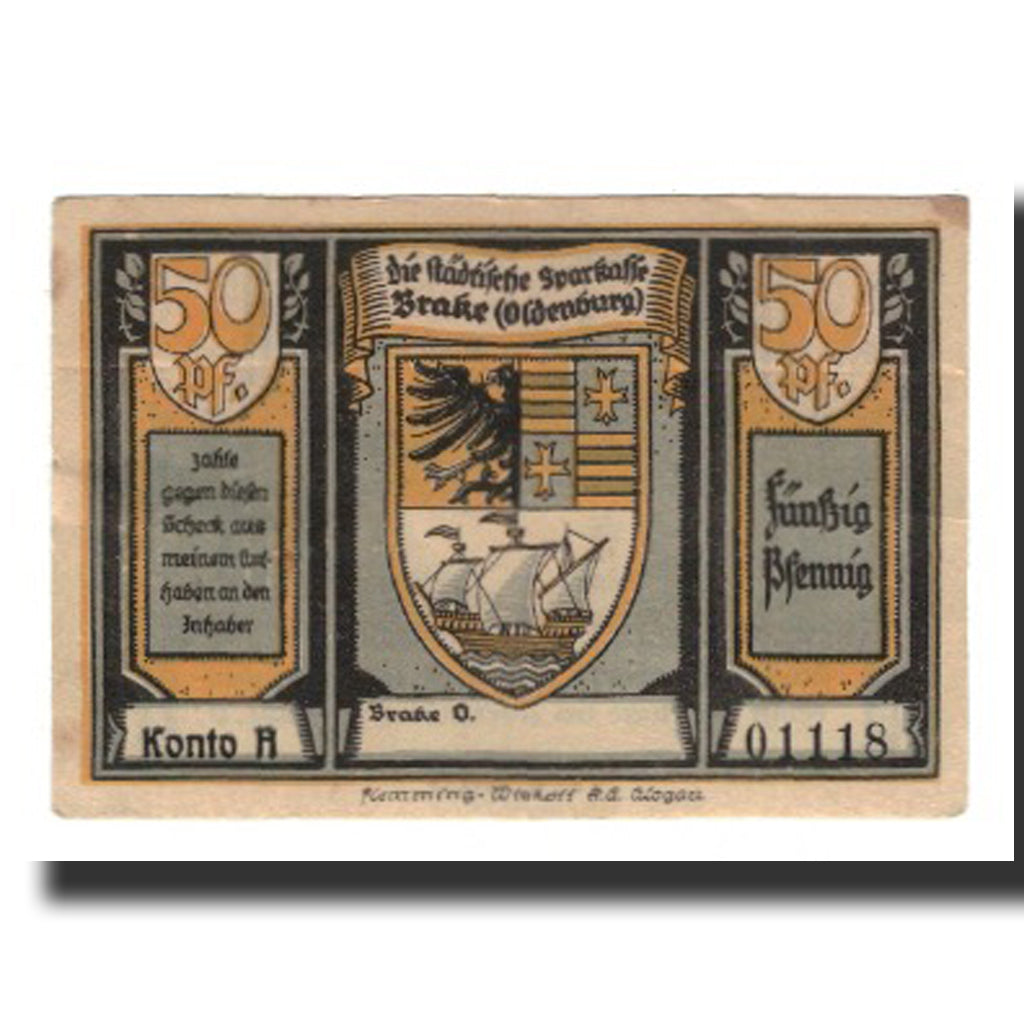 Banknote, Germany, Brake Stadtische Sparkasse, 50 Pfennig, bateau, Undated