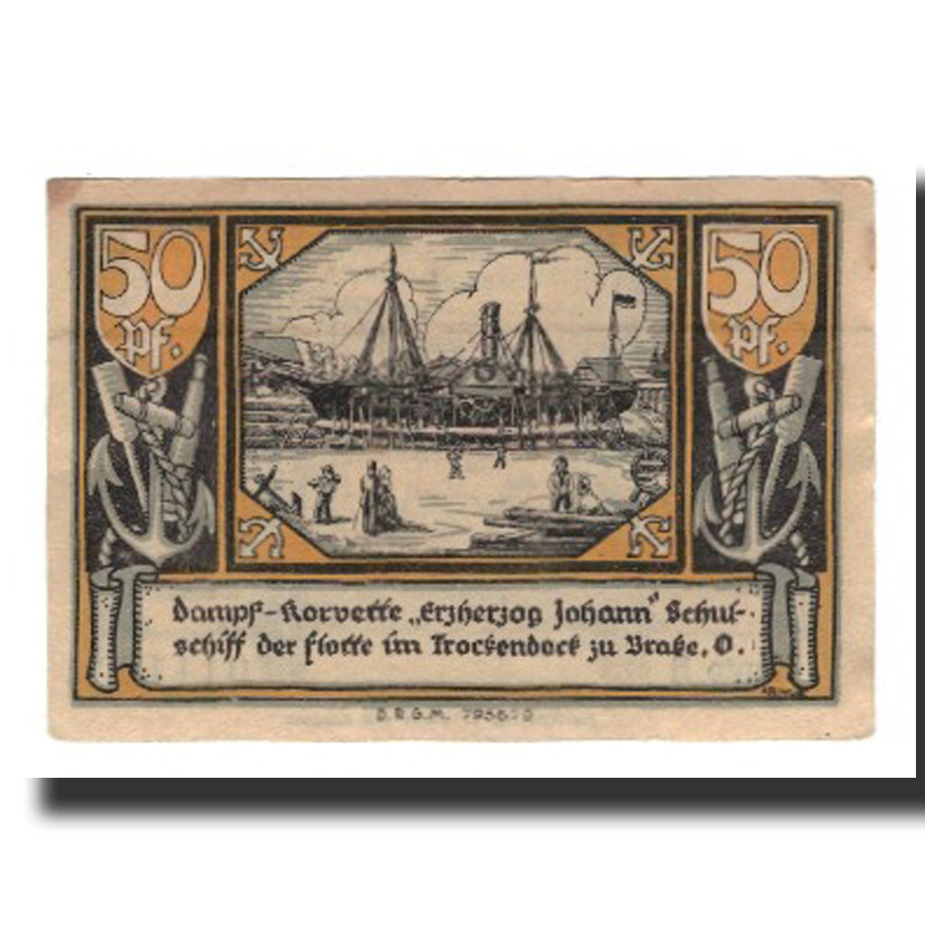 Banknote, Germany, Brake Stadtische Sparkasse, 50 Pfennig, bateau, Undated