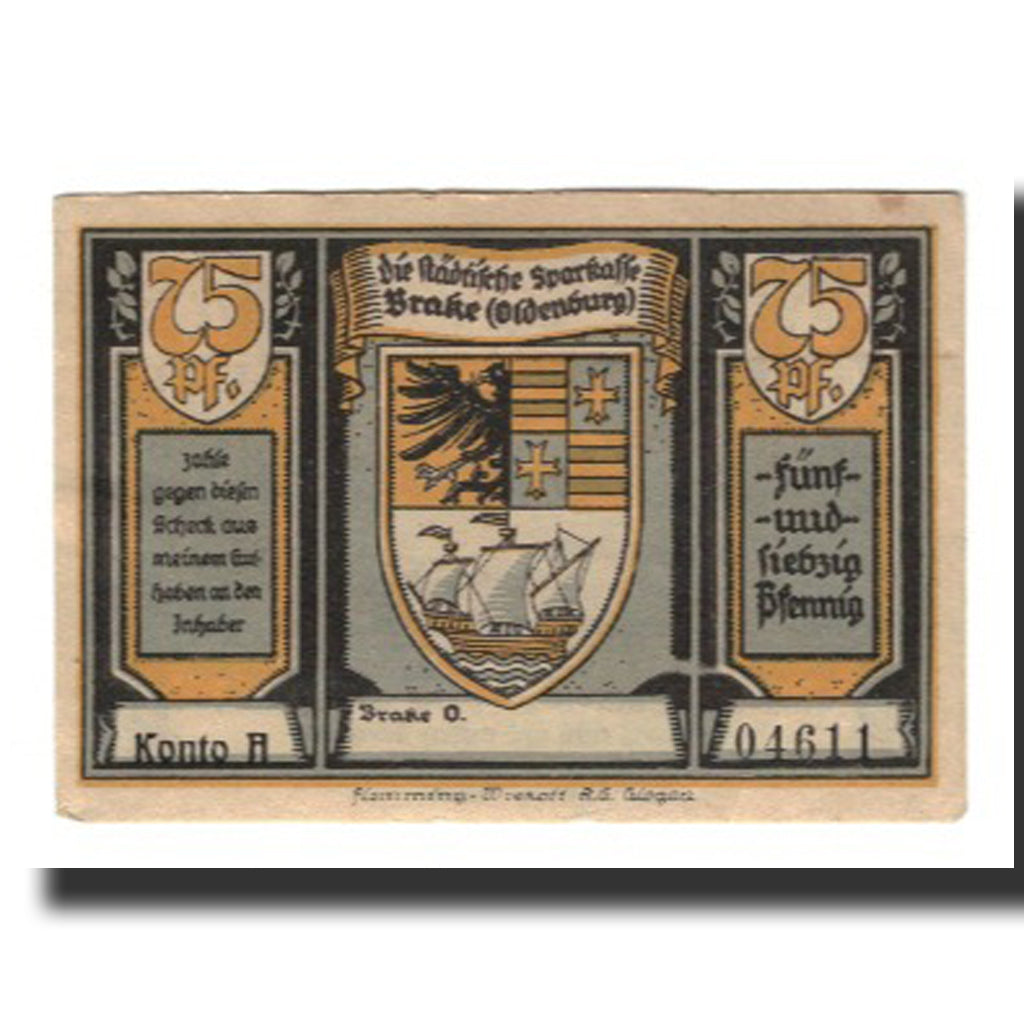 Banknote, Germany, Brake Stadtische Sparkasse, 75 Pfennig, Bateaux, Undated