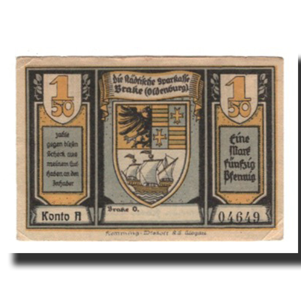 Banknote, Germany, Brake Stadtische Sparkasse, 1.5 Mark, Monument, Undated
