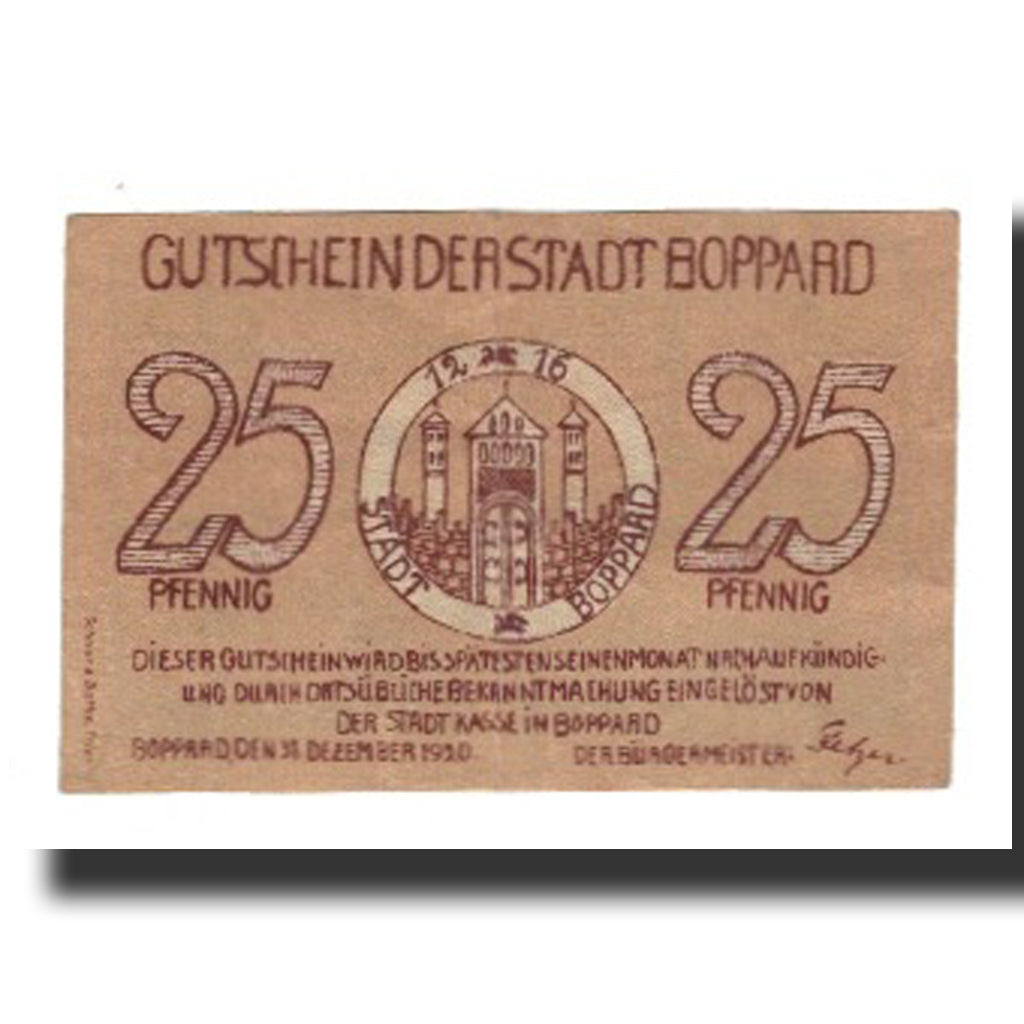 Banknote, Germany, Boppard Stadt, 25 Pfennig, paysage, 1920, 1920-12-31