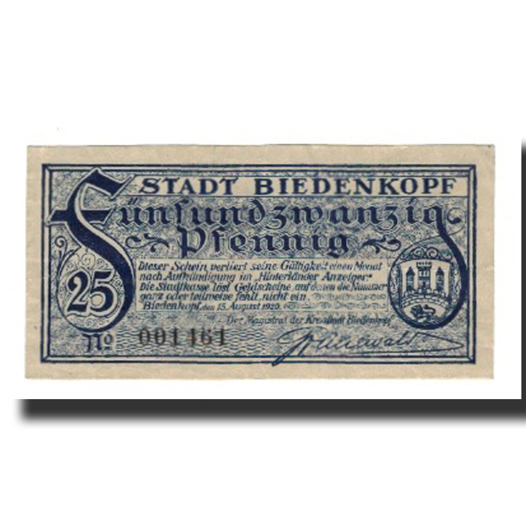 Geldschein, Deutschland, Biedenkopf Stadt, 25 Pfennig, Blason, 1920, 1920-08-15