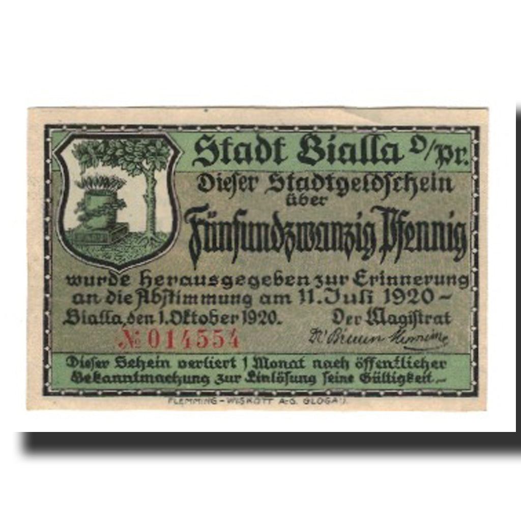 Banknote, Germany, Bialla Stadt, 25 Pfennig, Batiment, 1920, 1920-10-01
