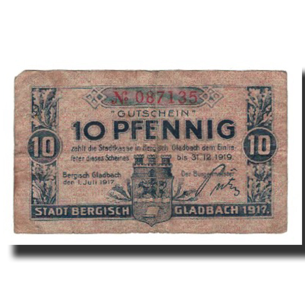 Banknote, Germany, Bergisch Gladbach Stadt, 10 Pfennig, valeur faciale, 1919