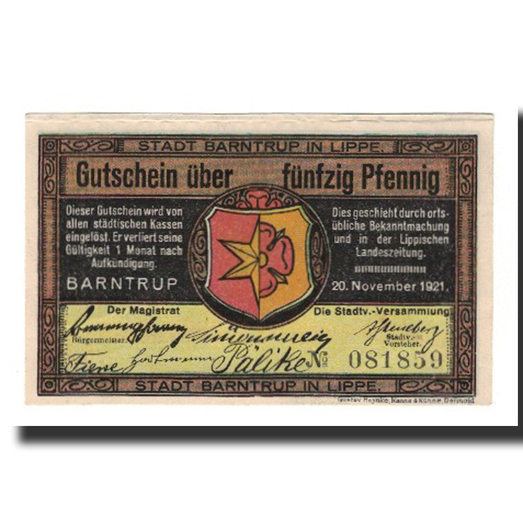 Banknote, Germany, Barntrup Stadt, 50 Pfennig, Batiment, 1921, 1921-11-20