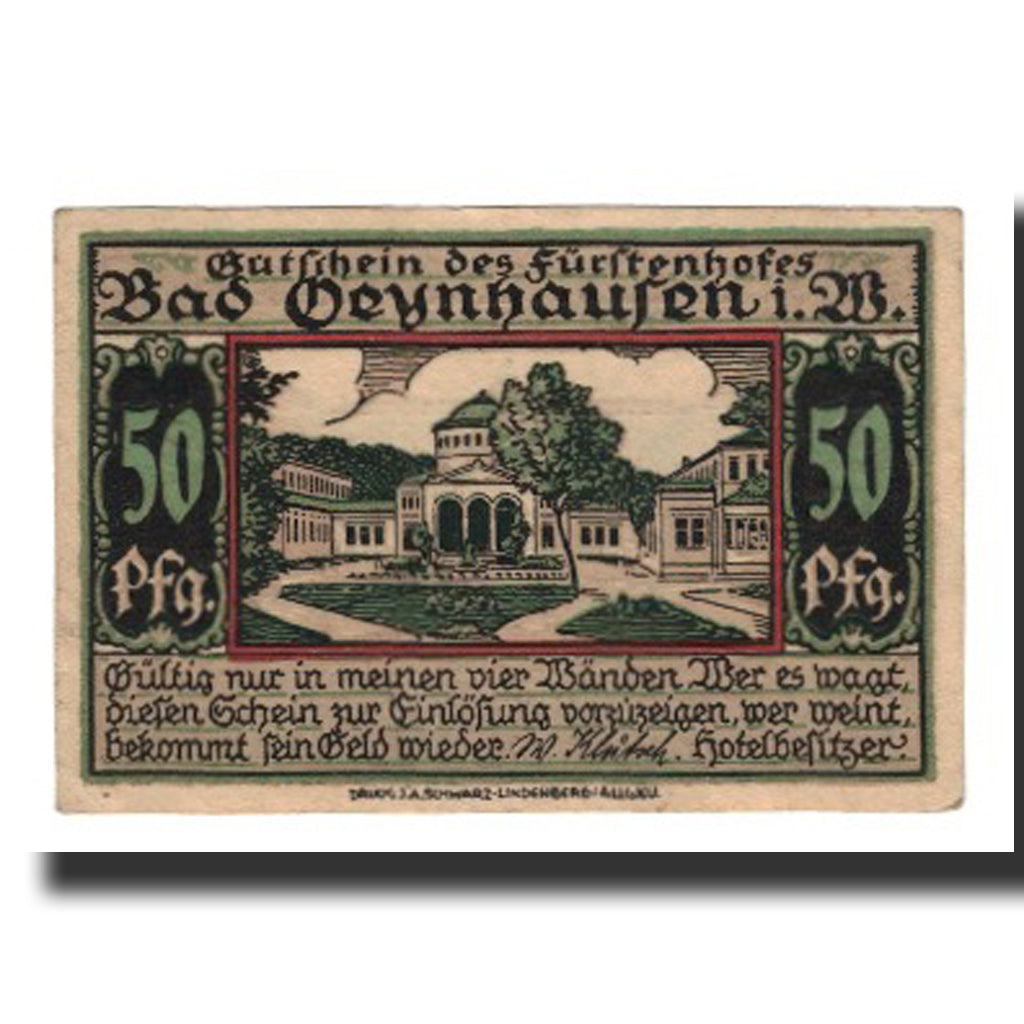 Banknot, Niemcy, Oeynhausen Bad W Klutsch Hotel Furstenhof, 50 Pfennig