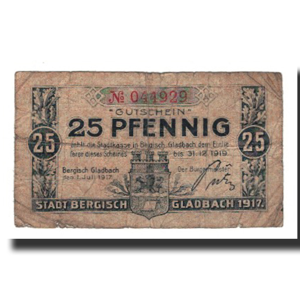Billet, Allemagne, Bergisch Gladbach Stadt, 25 Pfennig, valeur faciale, 1919