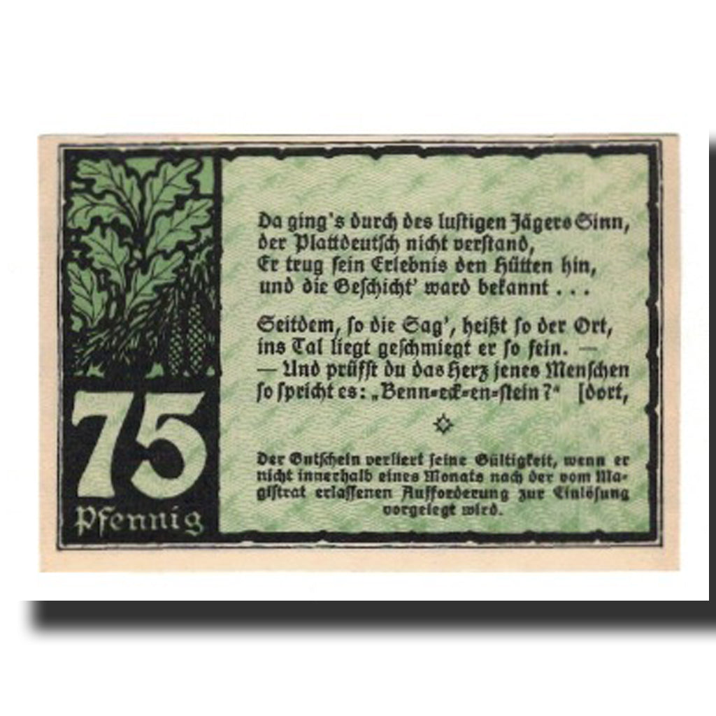 Banknote, Germany, Benneckenstein Stadt, 75 Pfennig, Texte, 1921, AU(55-58)