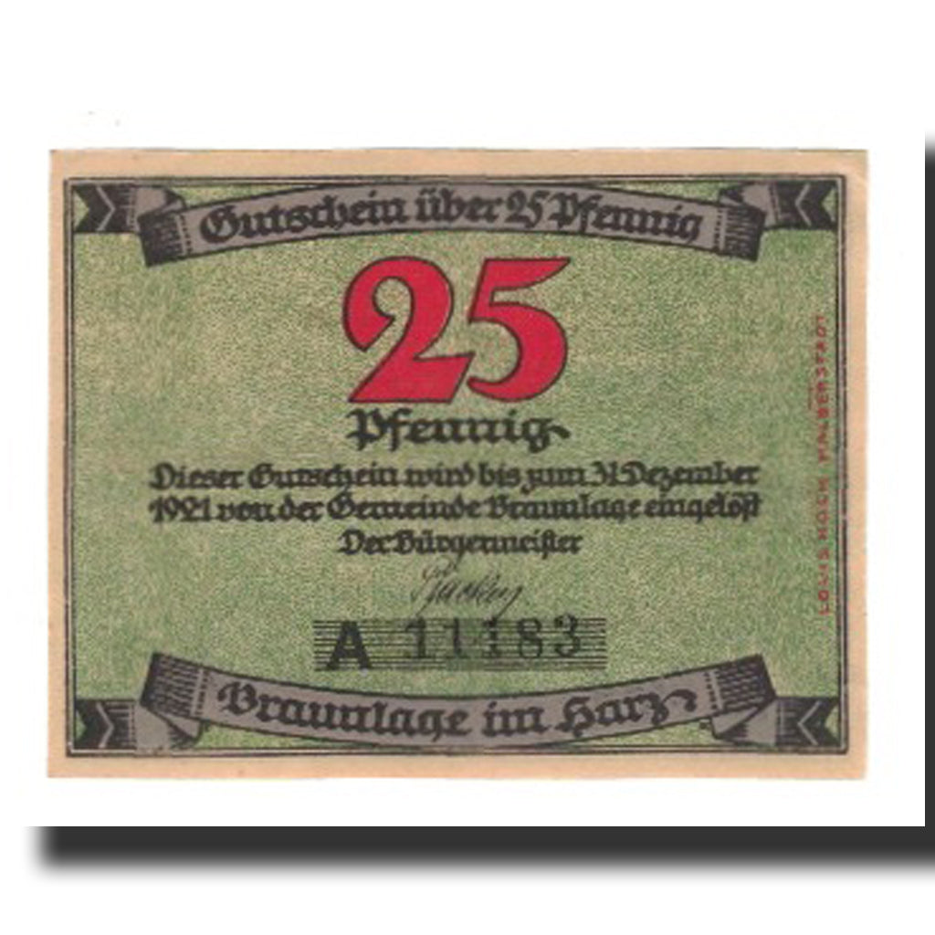 Banknote, Germany, Braunlage Gemeinde, 25 Pfennig, paysage, 1921, 1921-12-31